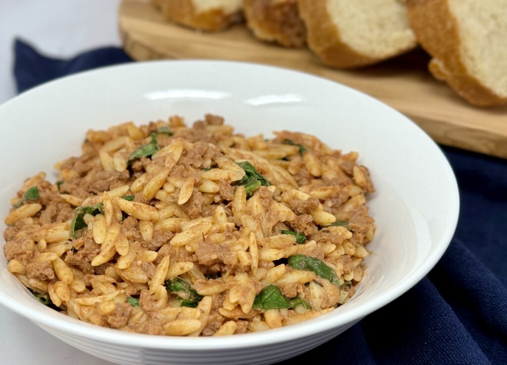 Freezer Meal Recipe: Creamy Tomato Beef Orzo
